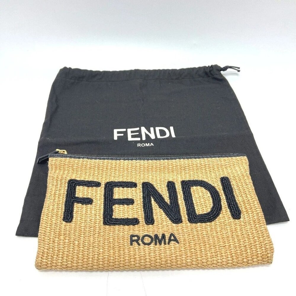 FENDI 8N0149 straw logo Pouch Clutch bag Raffia / Leather Beige/Black - Picture 15 of 15